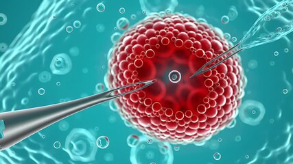 Detailed Visualization of a Red Cell with Nucleus Being Manipulated by Microscopic Needles in Teal Background Perfect for Illustrating Cellular Biology and Medical Procedures - Powered by Adobe