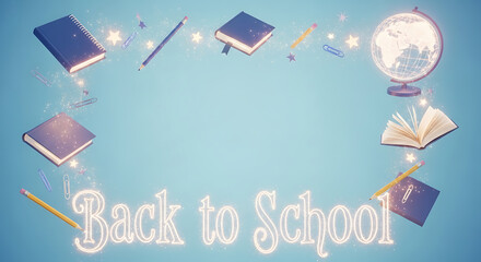 Back to School themed graphic with books, globe, and pencils on blue background.