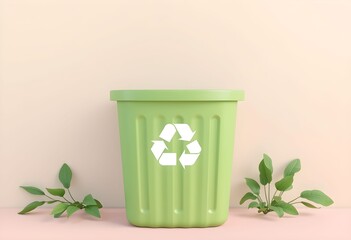 Light green recycling bin with a white recycling symbol, surrounded by greenery on a pastel pink background.