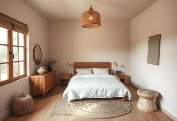Bright bedroom with a wooden bed, dresser, window, and a woven rug under the bed, creating a cozy and minimalist atmosphere.