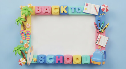 A colorful 3D frame with 'Back to School' text, decorated with summer vacation and school supply icons.