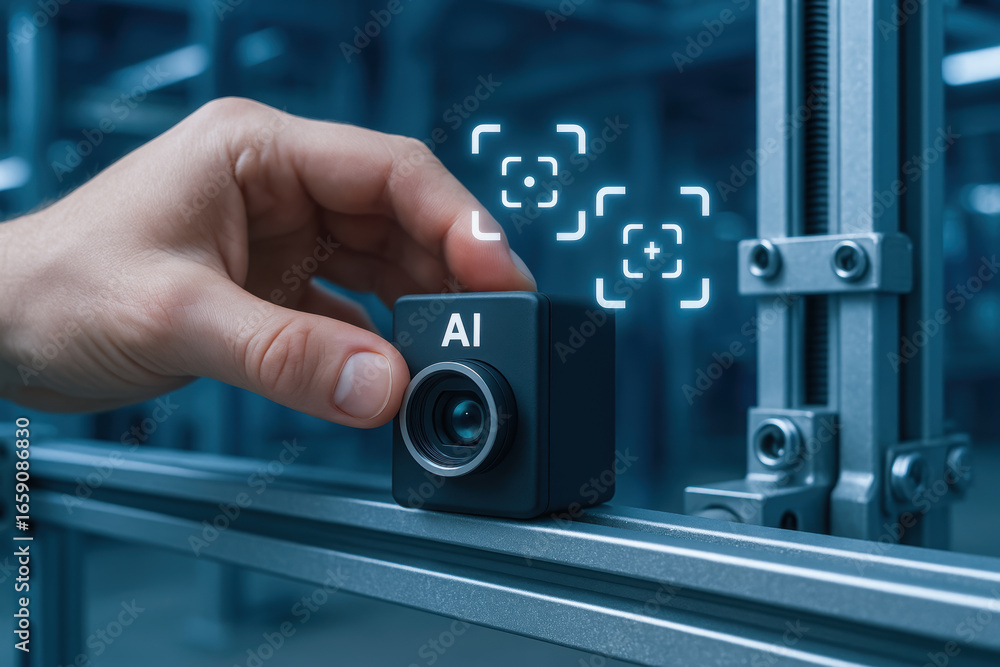 Poster ai camera device in hand used for image processing in industry production with focus and precision t