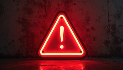 Red neon triangular warning sign with exclamation mark glows intensely in dark, textured room. Illuminated symbol conveys urgency, alerts viewers to potential hazards important information. Bright,