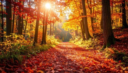 Naklejka premium Vibrant Autumn Forest Path with Sunlight
