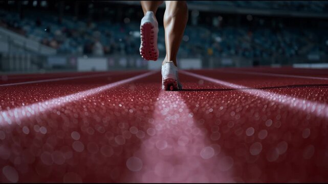 A close-up of a sprinter's feet on a wet red track, highlighting the texture of the surface and the running shoes.
