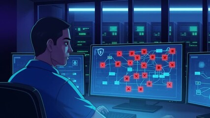 Cyber Security Analyst Monitors Network Attack in Server Room, Tracking Data Breaches on Multiple Screens