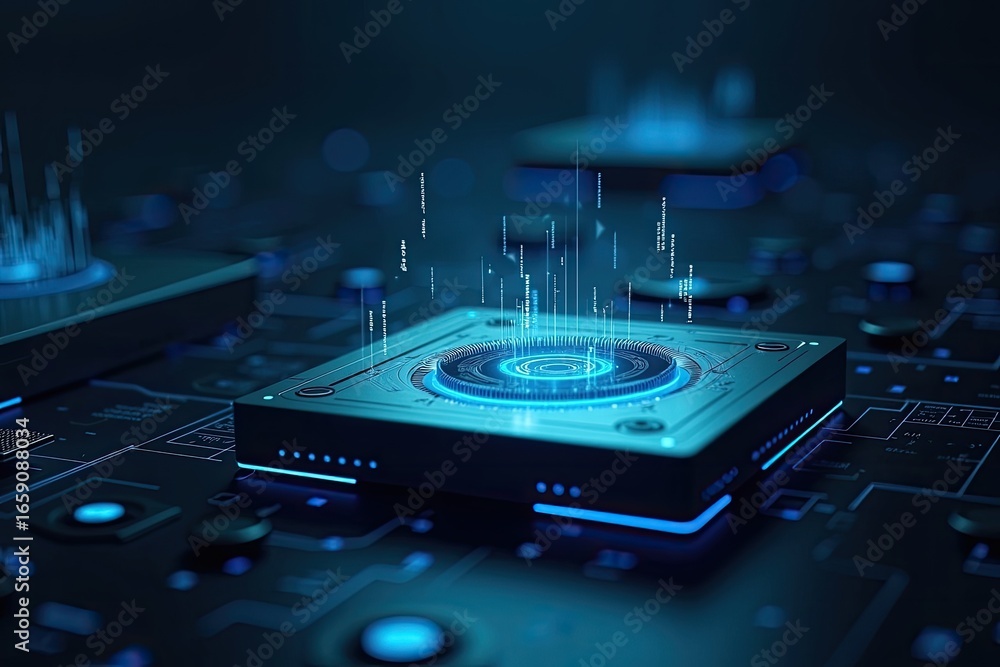 Poster futuristic technological device with glowing data visualizations.