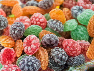 Colorful assortment of gummy candies showcasing vibrant textures and delightful flavors for a fun...