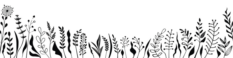 Naklejka premium Dry grass, black pencil drawing isolated on white background, panoramic view