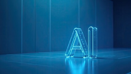Neon blue illuminated ai text on a reflective surface.