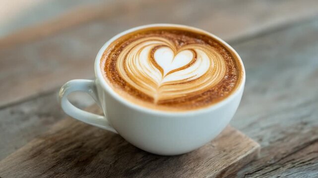 A beautifully crafted latte art heart in a white cup on a wooden table, showcasing coffee culture