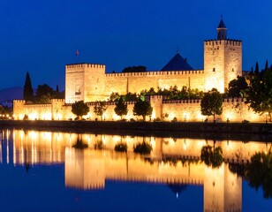 Fototapeta premium Illuminated fortress reflecting on calm water at twilight