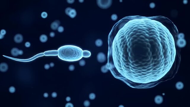 Dynamic Sperm Cell Approaching Ovum in Blue Background Representing Fertilization and Reproduction Concept Animated Detail of Microscopic Spermatozoa Swimming Toward Egg and Beginning of Life