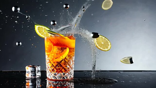 Vibrant cocktail splashing in a crystal glass with citrus slices against a dark background
