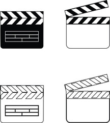 Studio clapperboard icon set used in video film production. Essential for marking scenes in movie shoots. whether Bollywood, Hollywood, live streaming. highlighting action, direction, and equipment.