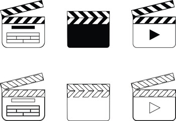Studio clapperboard icon set used in video film production. Essential for marking scenes in movie shoots. whether Bollywood, Hollywood, live streaming. highlighting action, direction, and equipment.