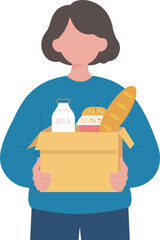 A person holds a box of food, representing charity, volunteering, and community support. A flat vector illustration for donation and aid concepts