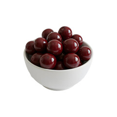 Fresh ripe cherries in white ceramic bowl isolated on white background for summer fruits, healthy eating, and dessert ideas