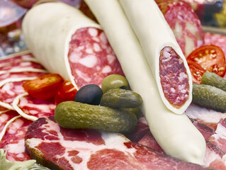 Delicious spread of assorted cured meats, cheeses, and fresh vegetables on a rustic wooden platter...