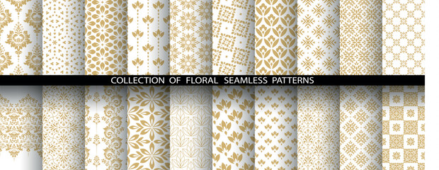 Geometric floral set of seamless patterns. White and golden vector backgrounds. Damask graphic ornaments