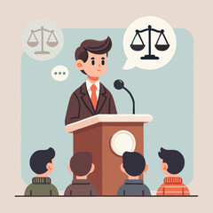 Cartoon Man Giving Speech about Justice to Audience at Podium