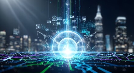 Naklejka premium Futuristic AI technology powering smart city infrastructure