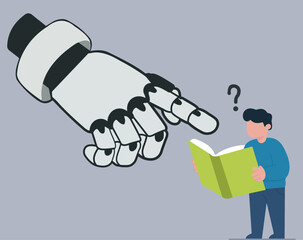 An AI robot hand points at a man reading, symbolizing technology's role in modern education, guidance, and the human quest for knowledge