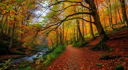 Fototapeta premium Stunning autumn forest path with vibrant foliage colors