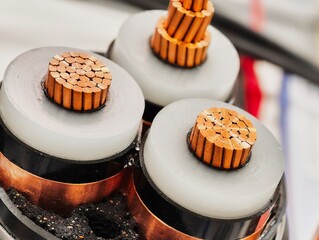 Intricate details of a power electric cable cross section revealing copper strands and insulation...