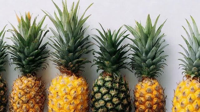 A row of ripe and fresh pineapples showcasing their vibrant colors against a plain background
