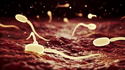 Luminous Sperm Cells Navigating on Textured Red Surface in Dark Background Visualizing Fertilization Process for Educational Purposes and Scientific Exploration Depicting Human Reproduction - Powered by Adobe