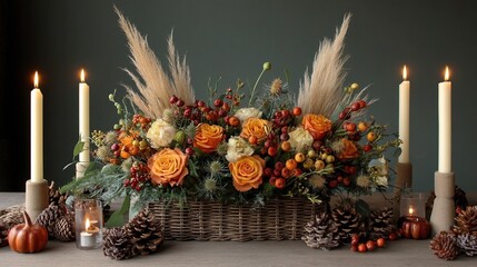 Rustic Thanksgiving floral centerpiece with orange roses,berries, pampas grass,candles,pinecones arranged in cozy interior, creating warm autumn holiday atmosphere on dining table seasonal decor