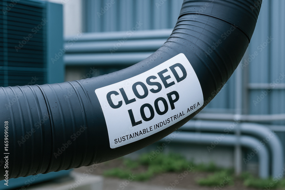 Poster closed loop system in sustainable industrial area sia pipe with label on black curved tube in factor