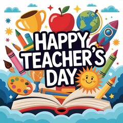 Happy teachers day celebration with school supplies and symbols of learning