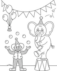 Circus clown juggling with elephant on a pedestal balloons