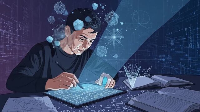 Man solving complex math problems on a tablet, surrounded by equations and geometric shapes in a futuristic setting.