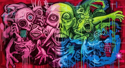 Obraz premium Vibrant mural of a chaotic zombie horde in a colorful, grotesque graffiti art style with screaming monsters