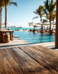 Fototapeta premium Relaxing tropical resort scene with a wooden deck overlooking a clear blue swimming pool, surrounded by palm trees and lounge chairs under a bright sunny sky