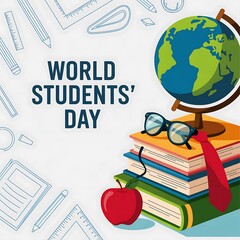 World students day celebration with books globe and apple