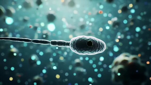 Magnified Sperm Cell with Luminous Blue and Teal Spheres Floating in Background Biomedical Illustration and Scientific Visualization of Reproduction  for Medical Researches