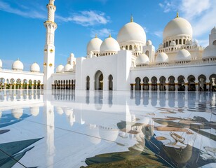 Sheikh Zayed Grand Mosque in Abu Dhabi with reflection on wet courtyard.