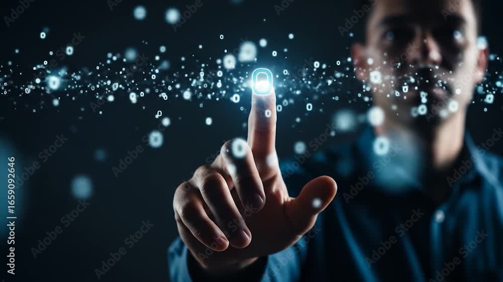 Poster man interacting with digital security interface, touching glowing padlock icon