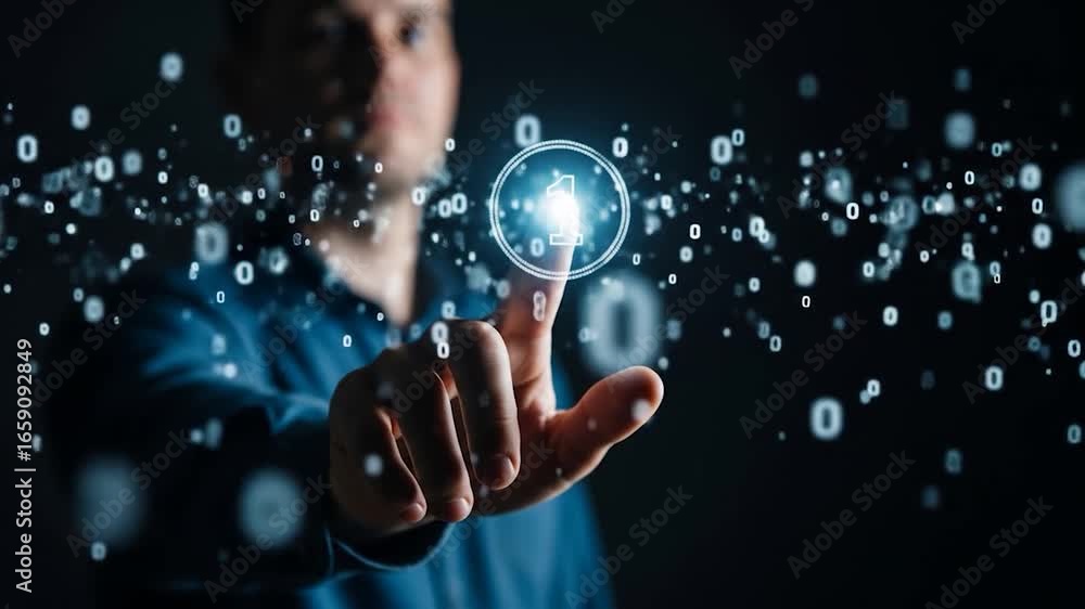Poster man interacts with glowing binary code, touching a digital 