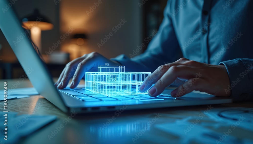 Poster architect uses laptop creating 3d building model. digital design process involves modern technology,