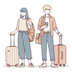 Happy fun young Asian tourist couple hand holding passport with suitcase walking to journey travel in summer holiday isolated on blue background. Vacation date concept. Generative ai