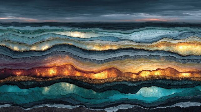 Abstract landscape with layered, wavy forms in cool and warm tones, mimicking geological strata
