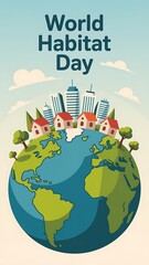 World habitat day illustration with planet earth and city skyline