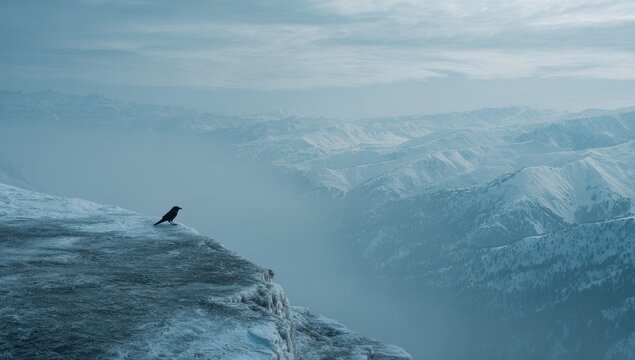 Solitary bird perched on snowy mountain cliff overlooking misty valley