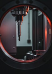 Precision machining tool in industrial manufacturing setting, close-up view through circular opening, highlighting engineering and technological advancement in production