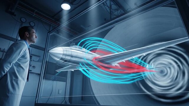 Scientist observes simulated airflow around a futuristic aircraft in a wind tunnel environment for aerodynamic research